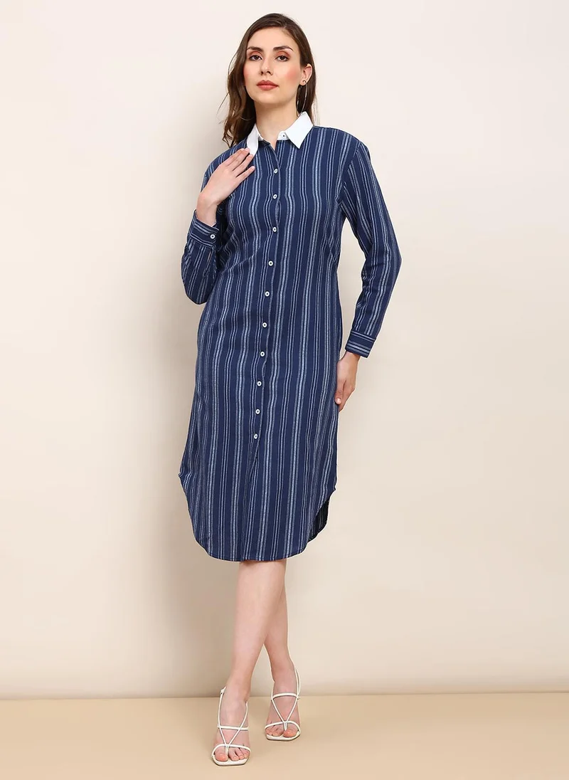 globus Globus Women Blue & White Striped Print Collared Neck Cuffed Sleeves Curved Hem Shirt Style Midi Workwear Dress